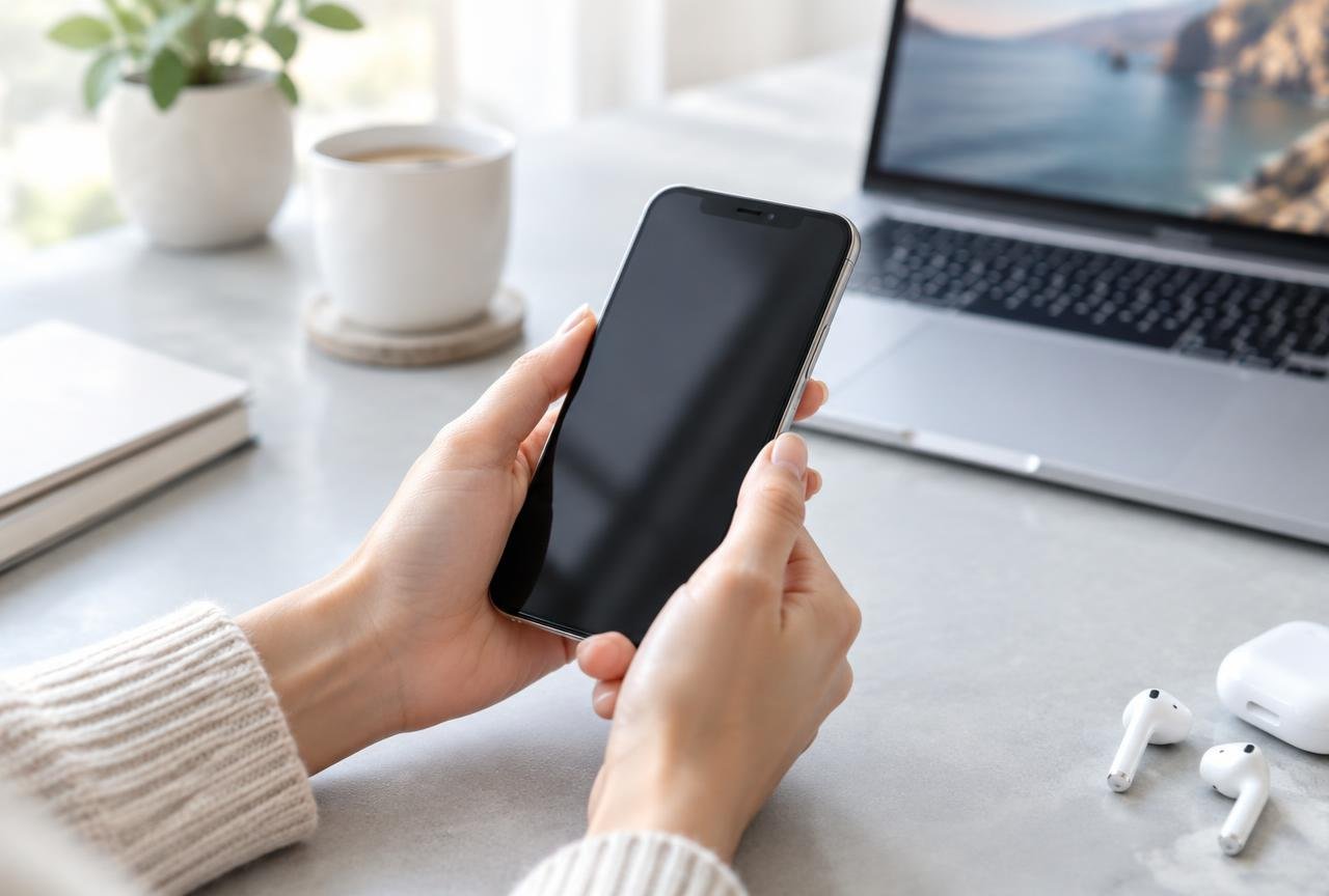 iPhone in hand at a desk